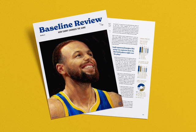 Cover spread for The Baseline Review story about Steph Curry. Story by Ben Taylor (Thinking Basketball). Supporting Illustration by Ryan Pancoast (Magic the Gathering artist).