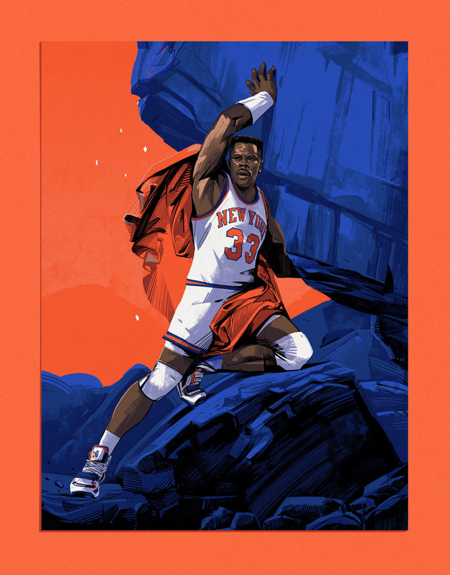 Second Supporting illustration for The Baseline Review story about Patrick Ewing. Story by Matt Wilding. Supporting Illustration by Oliver Barrett.