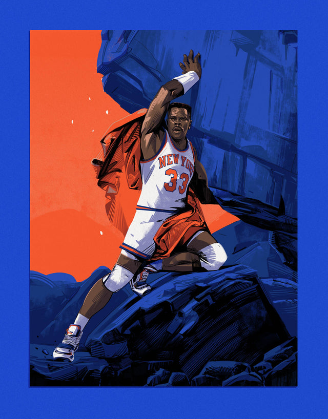 Supporting illustration for The Baseline Review story about Patrick Ewing. Story by Matt Wilding. Supporting Illustration by Oliver Barrett.