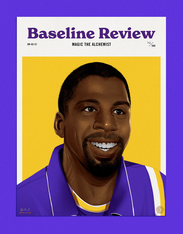 Cover for The Baseline Review story about Magic Johnson Story by Dalton Reid. Supporting Illustration by Jonathan Bartlett.
