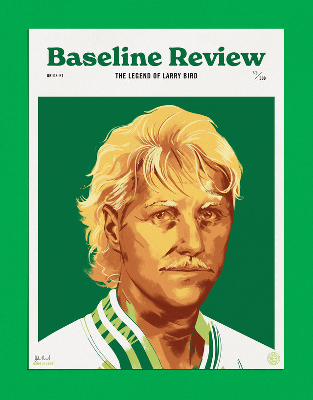 Cover for The Baseline Review story about Larry Bird. Story by Christen Teller. Supporting Illustration by Matt Taylor.