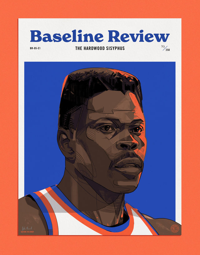 Cover for The Baseline Review story about Patrick Ewing. Story by Matt Wilding. Supporting Illustration by Oliver Barrett.