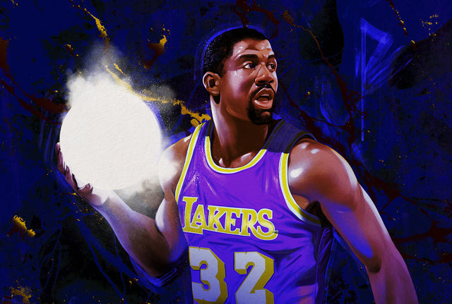 Supporting illustration detail for The Baseline Review story about Magic Johnson Story by Dalton Reid. Supporting Illustration by Jonathan Bartlett.