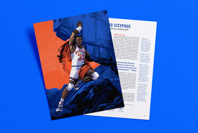 Supporting illustration spread for The Baseline Review story about Patrick Ewing. Story by Matt Wilding. Supporting Illustration by Oliver Barrett.