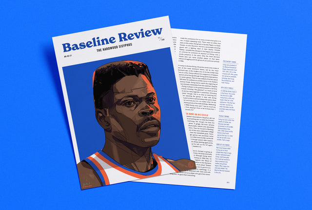 Cover spread for The Baseline Review story about Patrick Ewing. Story by Matt Wilding. Supporting Illustration by Oliver Barrett.