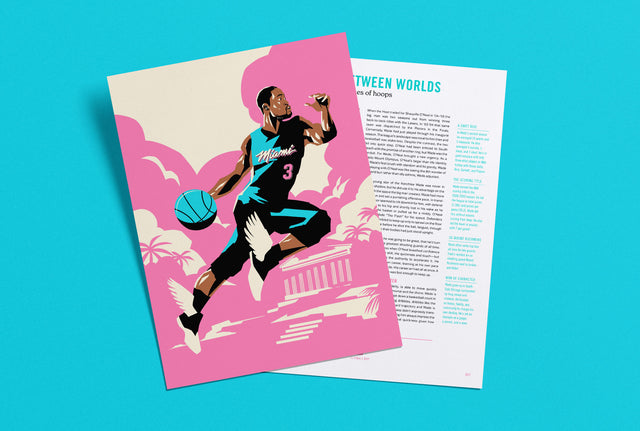 Supporting Illustration spread for The Baseline Review story about Dwyane Wade. Story by Katie Heindl (Basketball Feelings). Supporting Illustration by Brian Butler (Show Drawn and Upperhand Art).