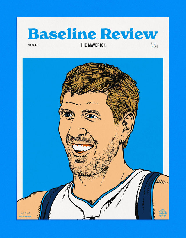 Cover for The Baseline Review story about Dirk Nowitzki Story by Nick Angstadt (Locked on Mavs Podcast). Illustration by Arturo Torres from Basketball (and other things).